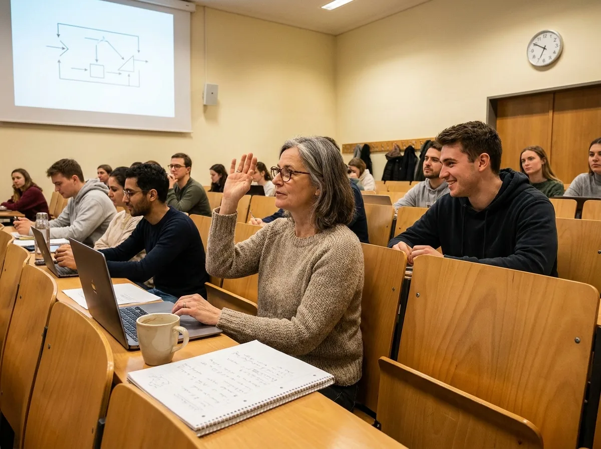 Ein Hörsaal am Abend: In der dritten Reihe hebt eine Frau mit grauen Strähnen und Lesebrille die Hand, rundherum junge Studierende. Der junge Mann neben ihr dreht sich lächelnd zu ihr. Die Uhr an der Wand zeigt 19.15 Uhr.