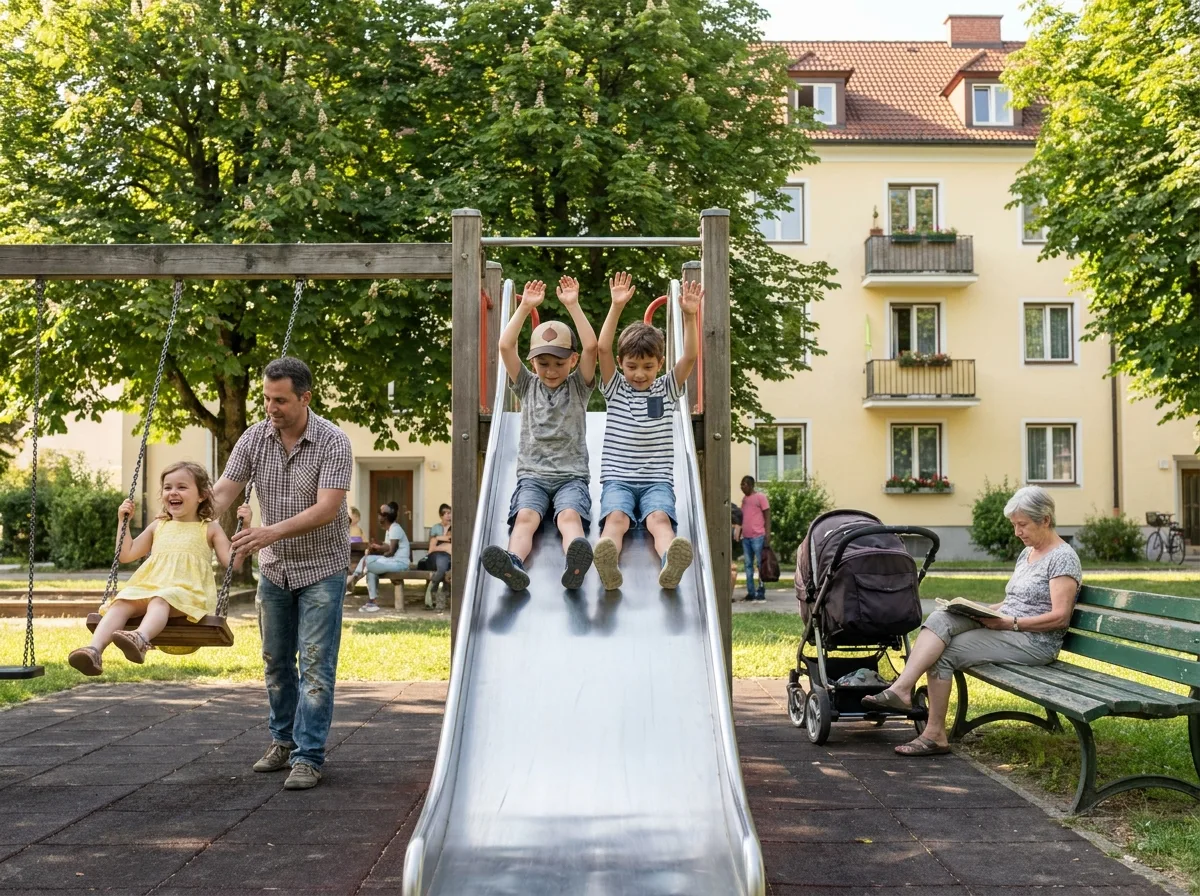 Ein Spielplatz im Park: ein Vater schaukelt seine Tochter, zwei Buben rutschen, eine ältere Frau sitzt auf einer Bank.